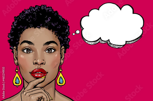 Thinking young sexy woman.Pop Art girl is thought and holding hand near the face. African female model on red background.Amazed lady thinking OMG.