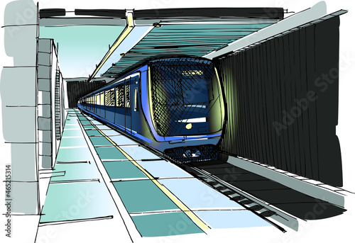 A metro train arriving at the platform. Hand drawn sketch