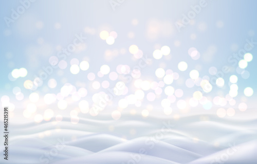 Winter blue background with sparkling bokeh, fluffy snow, drifts for background and greeting card.