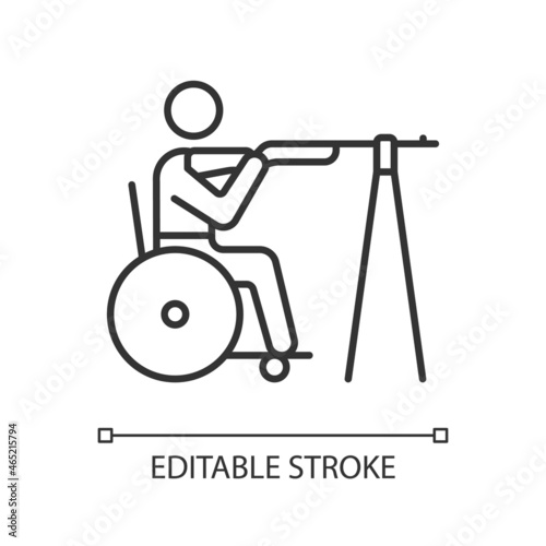 Wheelchair shooting linear icon. Hitting targets from distance. Sportsman with disability. Thin line customizable illustration. Contour symbol. Vector isolated outline drawing. Editable stroke