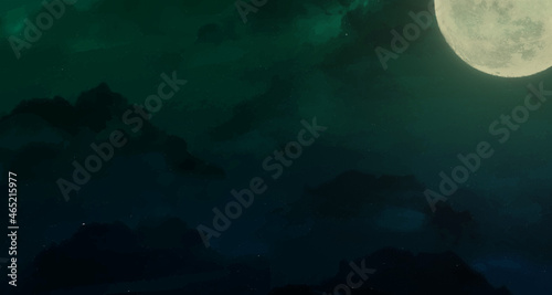 Realistic Dark Halloween background with creepy landscape fantasy night landscape. sky forest in moonlight illustration. Empty space for text and design