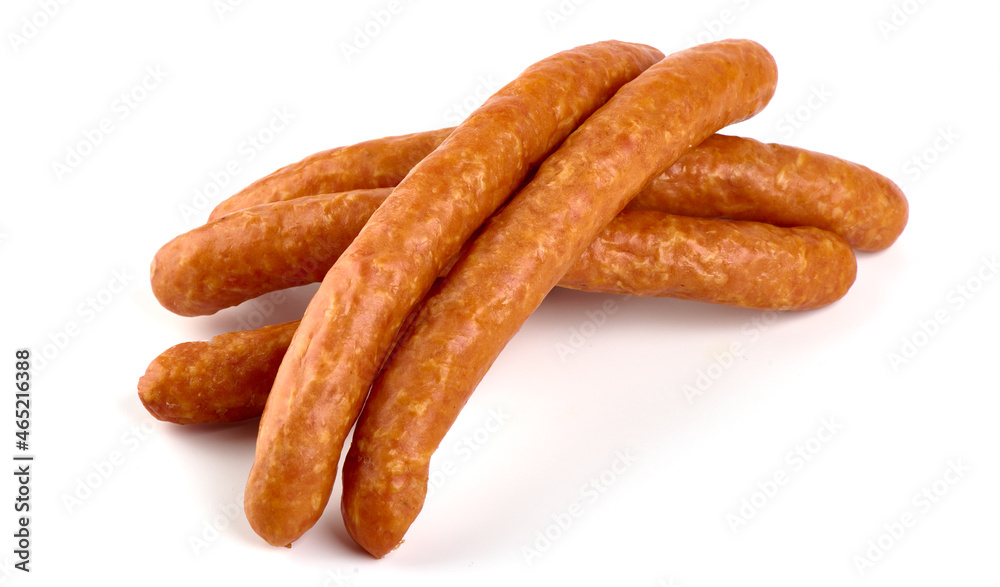 Smoked sausages, isolated on white background. High resolution image. Smoked sausages, isolated on white background. High resolution image.
