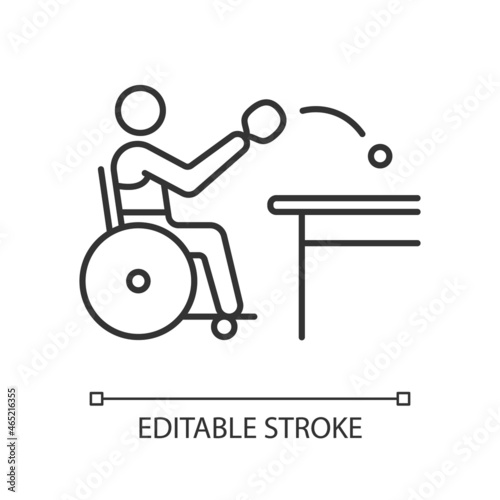 Table tennis linear icon. Hit lightweight ball using racket. Sportsman with physical disability. Thin line customizable illustration. Contour symbol. Vector isolated outline drawing. Editable stroke
