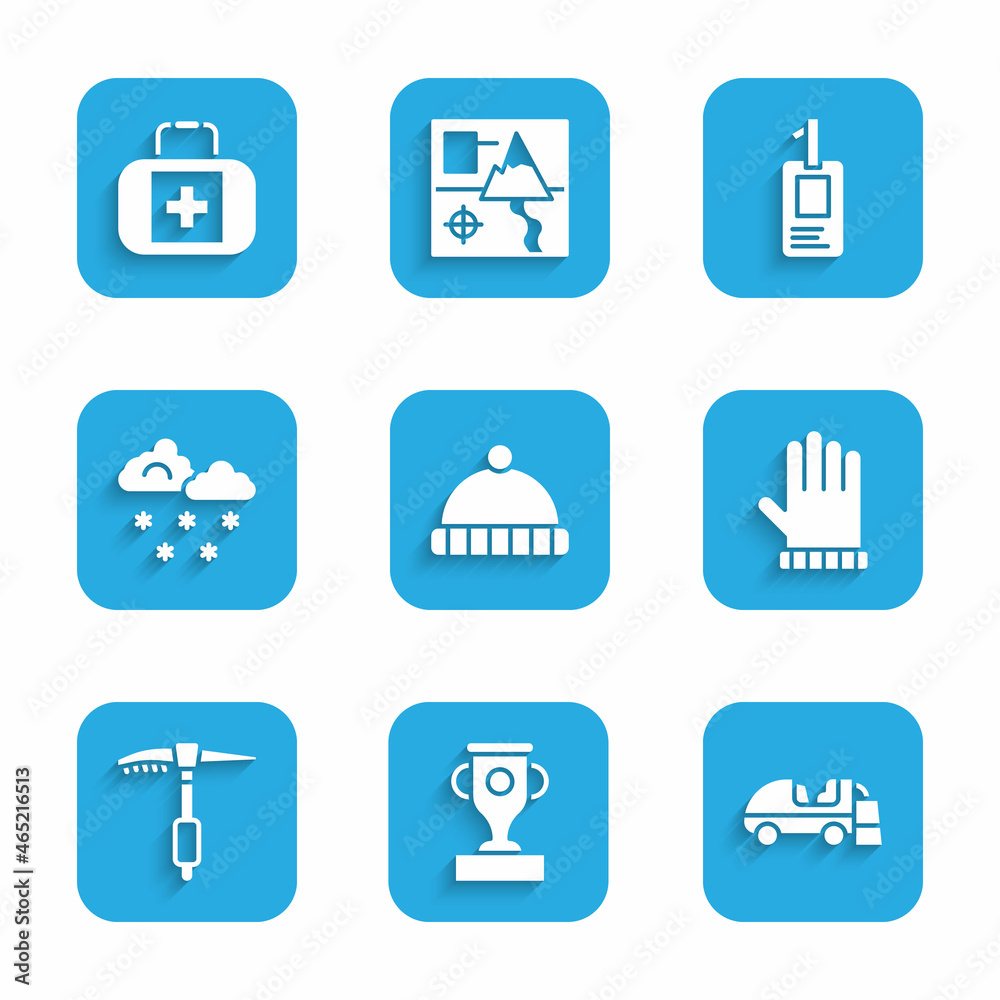 Set Winter hat, Award cup, Ice resurfacer, Christmas mitten, axe, Cloud with snow, Identification badge and First aid kit icon. Vector Set Winter hat, Award cup, Ice resurfacer, Christmas mitten, axe, Cloud with snow, Identification badge and First aid kit icon. Vector