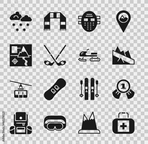 Set First aid kit, Medal, Mountain descent, Hockey mask, Ice hockey sticks, Folded map, Cloud with snow and Snowmobile icon. Vector