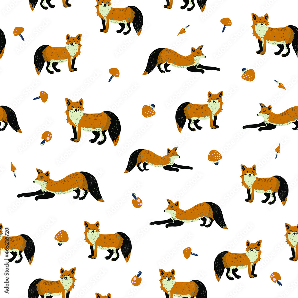 Fox flat hand drawn seamless pattern. Cute tod cartoon character with mushrooms. Forest animal. Wildlife wrapping paper, kid textile, background. Fox flat hand drawn seamless pattern. Cute tod cartoon character with mushrooms. Forest animal. Wildlife wrapping paper, kid textile, background.