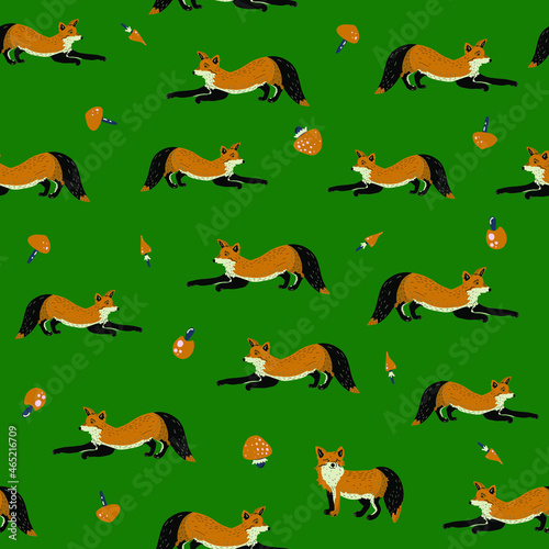 Fox flat hand drawn seamless pattern. Cute tod cartoon character with mushrooms. Forest animal. Wildlife wrapping paper, kid textile, background.