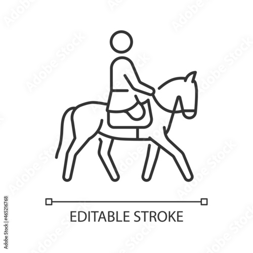 Equestrian linear icon. Horseback riding. Horse racing contest. Athlete with physical disability. Thin line customizable illustration. Contour symbol. Vector isolated outline drawing. Editable stroke