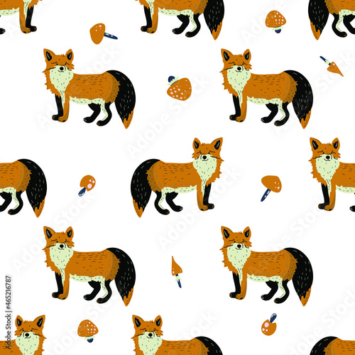 Fox flat hand drawn seamless pattern. Cute tod cartoon character with mushrooms. Forest animal. Wildlife wrapping paper, kid textile, background.