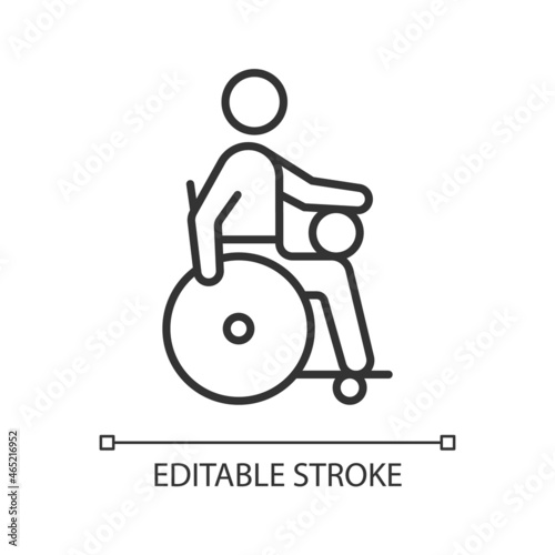 Wheelchair rugby linear icon. Competitive sport for sitting athletes. Disabled sportsmen. Thin line customizable illustration. Contour symbol. Vector isolated outline drawing. Editable stroke