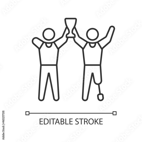 Sportsman with physical disability. linear icon. Adaptive competition winners. Disabled athletes. Thin line customizable illustration. Contour symbol. Vector isolated outline drawing. Editable stroke