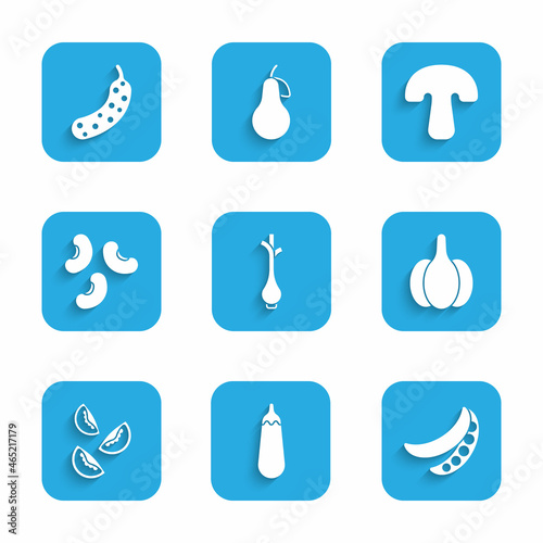 Set Fresh green onions, Eggplant, Green peas, Garlic, Tomato, Beans, Mushroom and cucumber icon. Vector