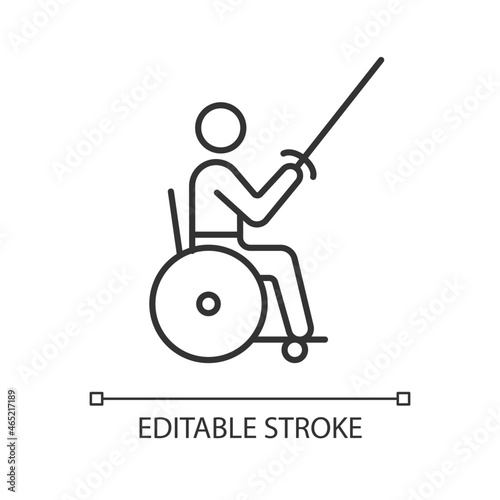 Wheelchair fencing linear icon. Individual competition. Swordfight discipline. Disabled sportsman. Thin line customizable illustration. Contour symbol. Vector isolated outline drawing. Editable stroke