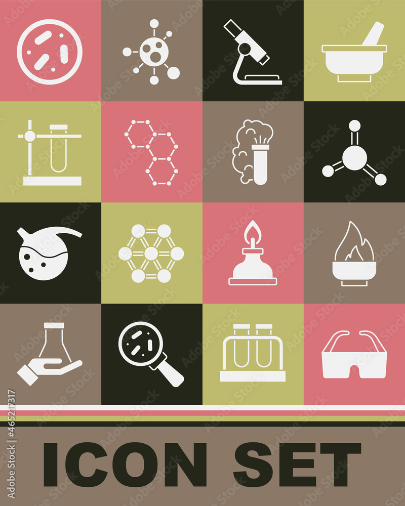 Set Safety goggle glasses, Alcohol or spirit burner, Molecule, Microscope, Chemical formula, Test tube flask on stand, Petri dish with bacteria and explosion icon. Vector Set Safety goggle glasses, Alcohol or spirit burner, Molecule, Microscope, Chemical formula, Test tube flask on stand, Petri dish with bacteria and explosion icon. Vector
