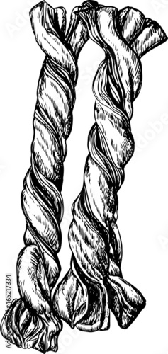 Nutella pastry twists monochromatic image. Easy, buttery, Chocolatey puff pastry braids. Vector illustration. Bakery sweet dessert. Hand drawn sketch style retro design