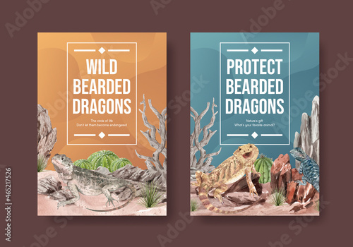 Poster template with bearded dragon animal concept,watercolor style photo