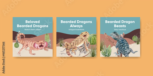 Banner template with bearded dragon animal concept,watercolor style photo