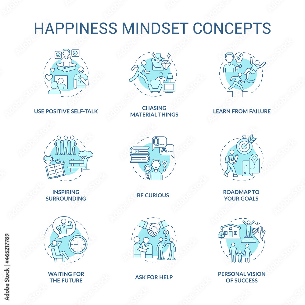 Happiness mindset blue concept icons set. Personal growth idea thin line color illustrations. Becoming happy. Self vision of success. Goal setting. Vector isolated outline drawings. Editable stroke Happiness mindset blue concept icons set. Personal growth idea thin line color illustrations. Becoming happy. Self vision of success. Goal setting. Vector isolated outline drawings. Editable stroke