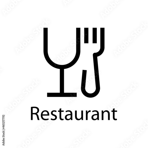 Banner con texto Restaurant con silueta de copa de vino y tenedor con líneas en color negro