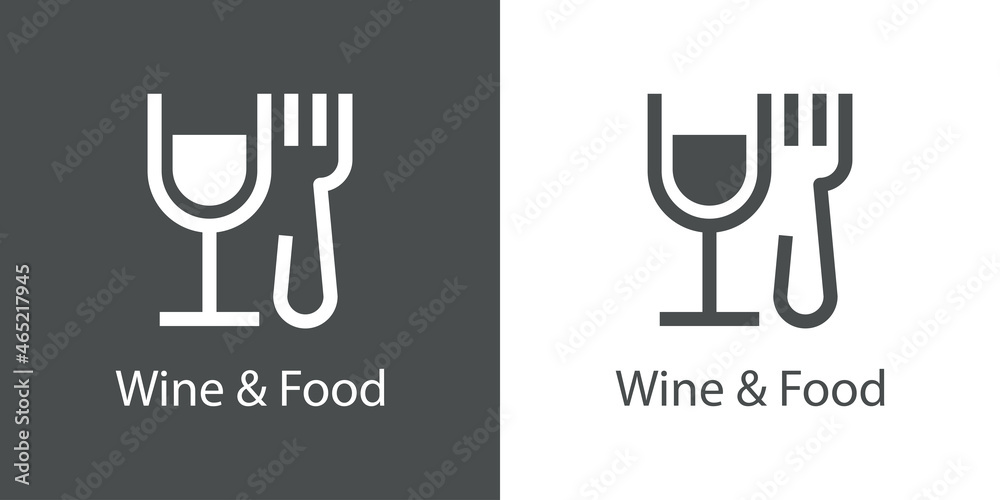 Banner con texto Wine and Food con silueta de copa de vino y tenedor con líneas en fondo gris y fondo blanco
