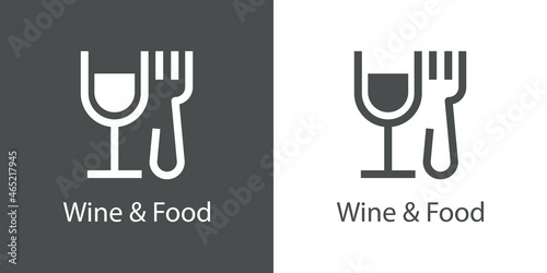 Banner con texto Wine and Food con silueta de copa de vino y tenedor con líneas en fondo gris y fondo blanco