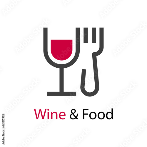 Banner con texto Wine and Food con silueta de copa de vino y tenedor con líneas en color negro y granate