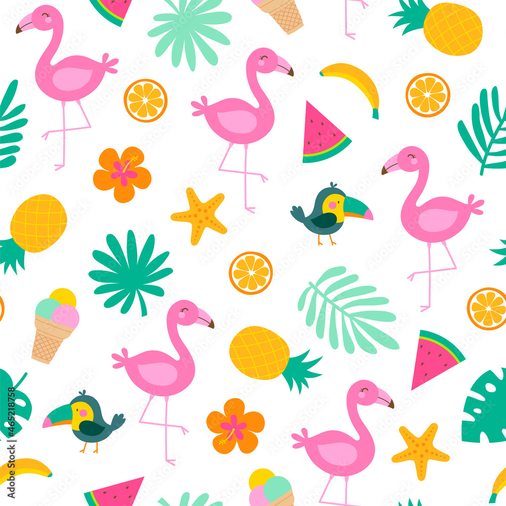 Naklejka premium Colorful tropical summer seamless pattern with flamingo, toucan, leaf, tropical fruit and hibiscus.