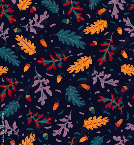 Autumn seamless pattern with orange. red, violet oak leaves and acorn on dark background. Vector autumn background. Vintage style