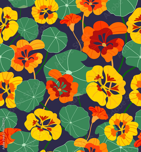 Nasturtium seamless vector pattern on dark blue background. Textile print. Modern background design.