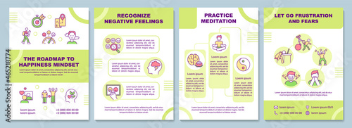 The roadmap to happiness mindset brochure template. Flyer, booklet, leaflet print, cover design with linear icons. Vector layouts for presentation, annual reports, advertisement pages