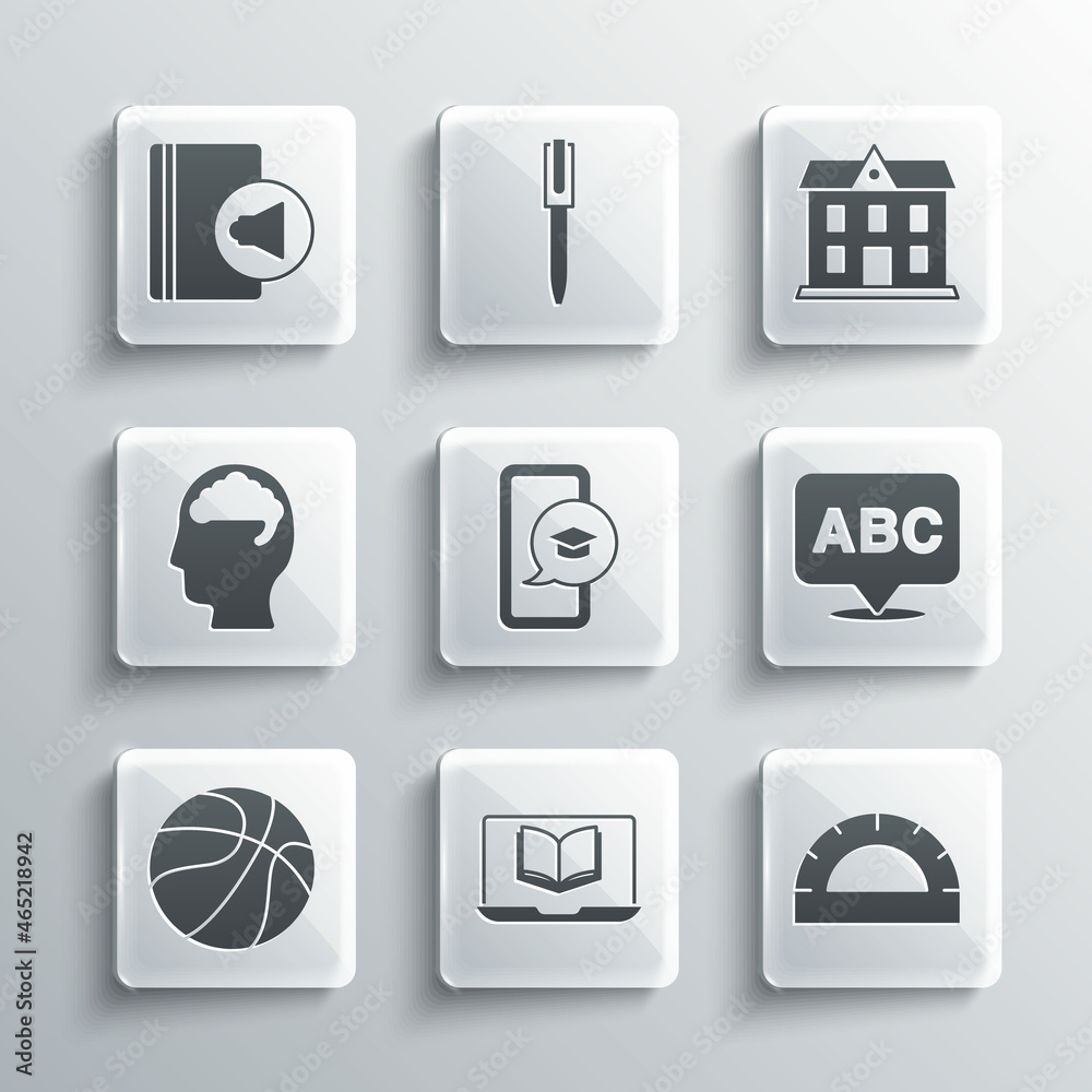 Set Online class, Protractor grid, Alphabet, Graduation cap on mobile, Basketball ball, Human brain, Audio book and School building icon. Vector Set Online class, Protractor grid, Alphabet, Graduation cap on mobile, Basketball ball, Human brain, Audio book and School building icon. Vector