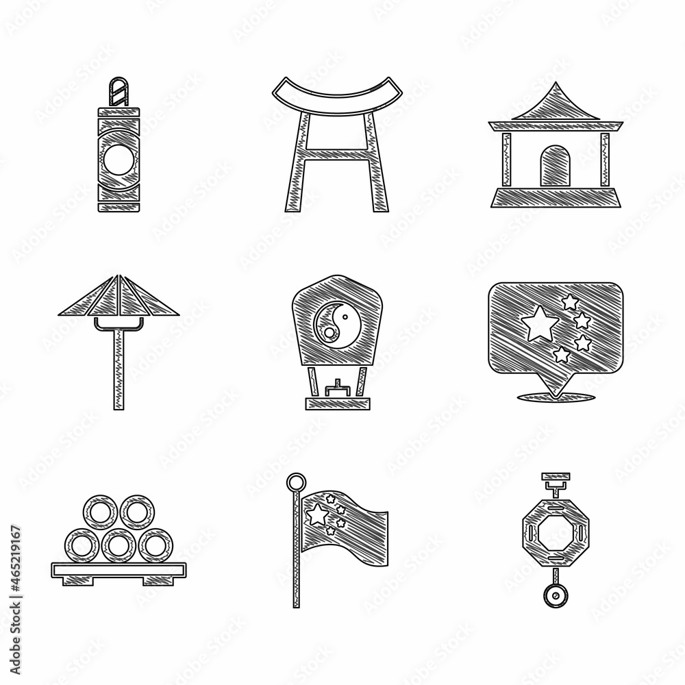 Fototapeta premium Set Chinese paper lantern, China flag on flagpole, Sushi cutting board, Japanese umbrella from the sun, house and Firework icon. Vector