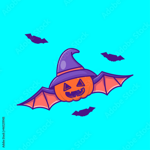 Cute Pumpkin Bat with hat witch happy halloween cartoon illustrations