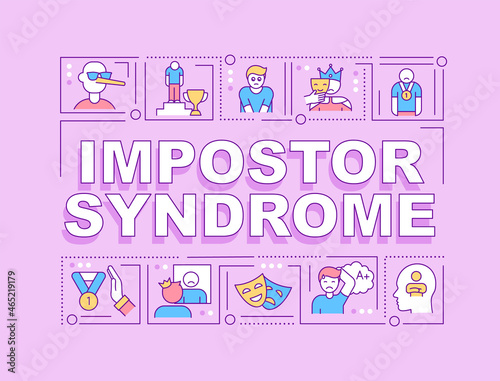 Impostor syndrome word concepts banner. Psychological pattern. Infographics with linear icons on purple background. Isolated creative typography. Vector outline color illustration with text