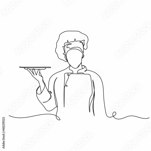 Vector continuous one single line drawing icon of chef showing empty plate cooking concept in silhouette on a white background. Linear stylized.