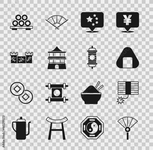 Set Chinese or japanese folding fan, Firework, Sushi, China flag, house, Great wall of, on cutting board and paper lantern icon. Vector