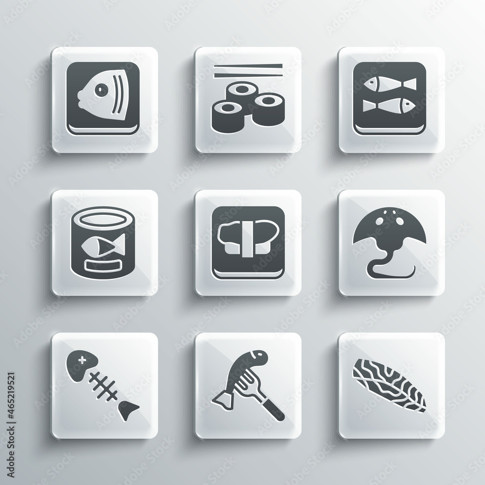 Set Served fish on a plate, Fish steak, Stingray, Sushi cutting board, skeleton, Canned, head and icon. Vector Set Served fish on a plate, Fish steak, Stingray, Sushi cutting board, skeleton, Canned, head and icon. Vector