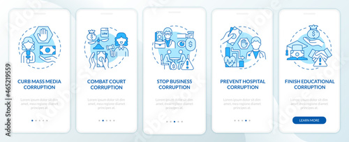 Corruption prevention onboarding blue mobile app page screen. Stop bribery walkthrough 5 steps graphic instructions with concepts. UI, UX, GUI vector template with linear color illustrations