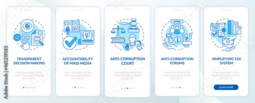 Fighting corruption onboarding blue mobile app page screen. Accountability and trust walkthrough 5 steps graphic instructions with concepts. UI, UX, GUI vector template with linear color illustrations photo