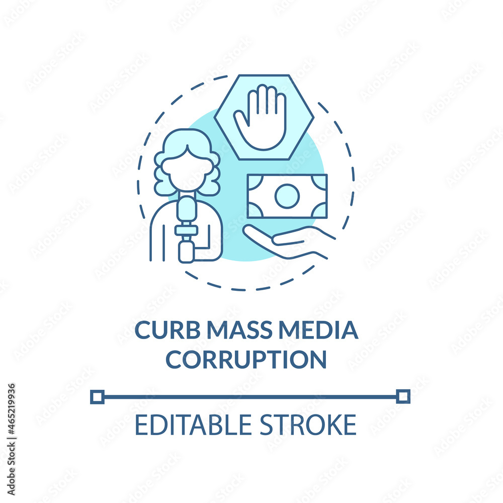 Stop mass media corruption concept icon. Fake news abstract idea thin line illustration. Bribery and lying propaganda on TV. Corrupted newspaper. Vector isolated outline color drawing. Editable stroke