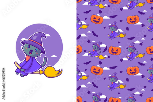 Cute black cat witch happy halloween with seamless pattern