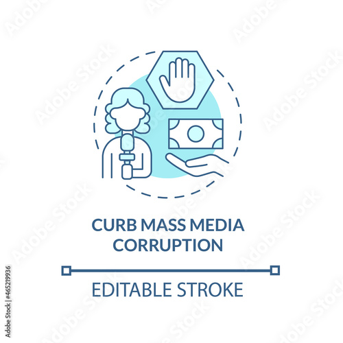 Stop mass media corruption concept icon. Fake news abstract idea thin line illustration. Bribery and lying propaganda on TV. Corrupted newspaper. Vector isolated outline color drawing. Editable stroke