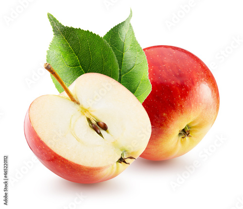 red apples with leaves isolated on a white background