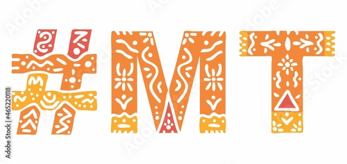 MT Hashtag. Multicolored bright isolate curves doodle letters. Hashtag #MT is abbreviation for the US American state Montana for social network, web resources, mobile apps.