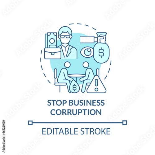 Stop business corruption blue concept icon. Corrupted business abstract idea thin line illustration. Company accused of illegal behaviour. Vector isolated outline color drawing. Editable stroke