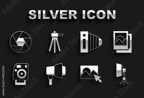 Set Softbox light, Photo frame, retouching, camera, Camera shutter and Tripod icon. Vector