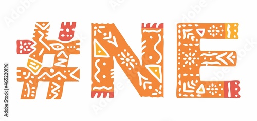 NE Hashtag. Multicolored bright isolate curves doodle letters. Hashtag #NE is abbreviation for the US American state Nebraska for social network, web resources, mobile apps.