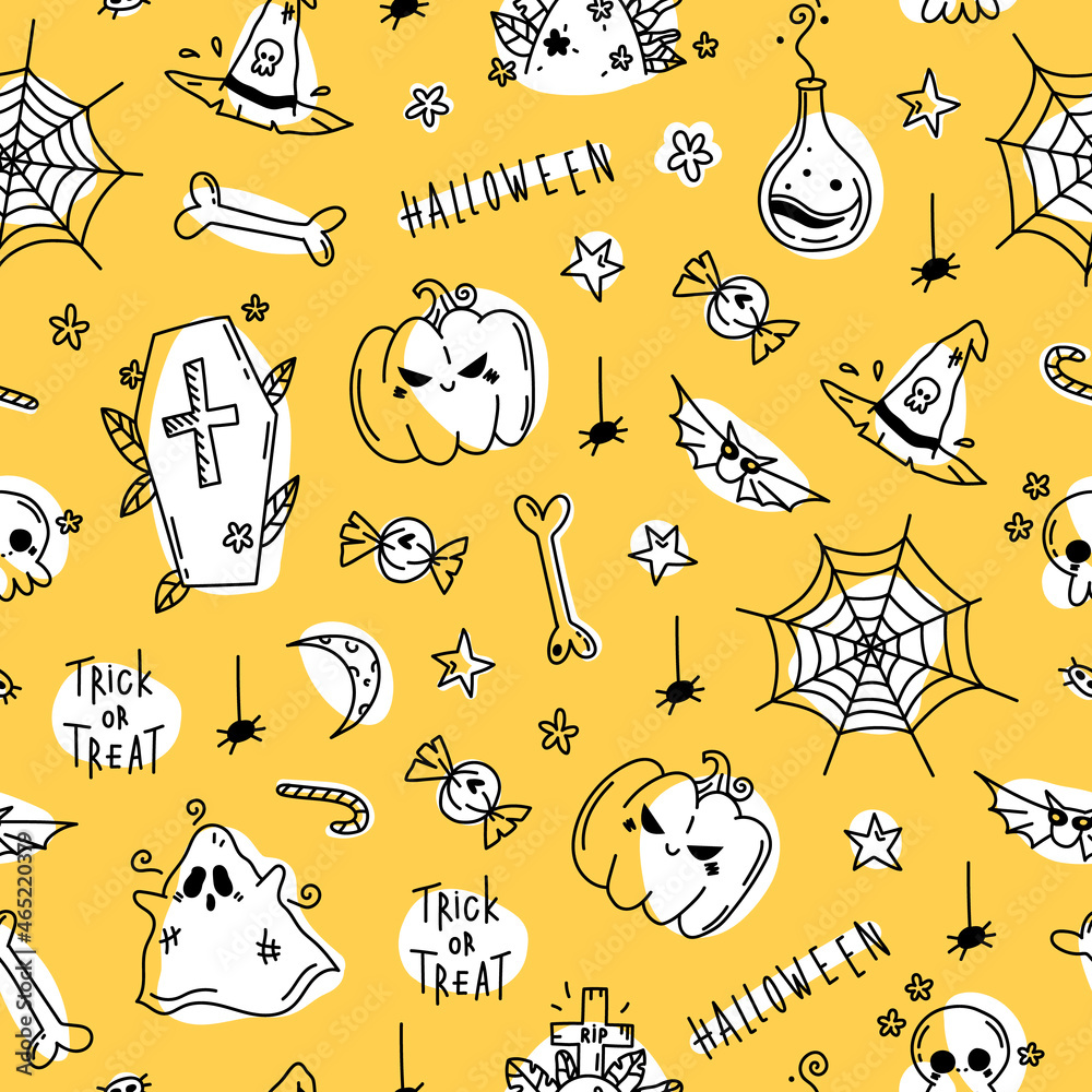 Fototapeta premium Halloween seamless pattern in hand drawn doodle style. Vector stock illustration