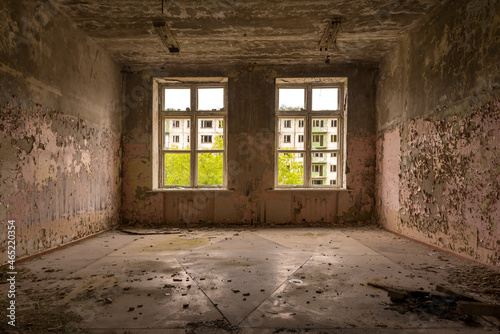Large window in a ruined house  inside view