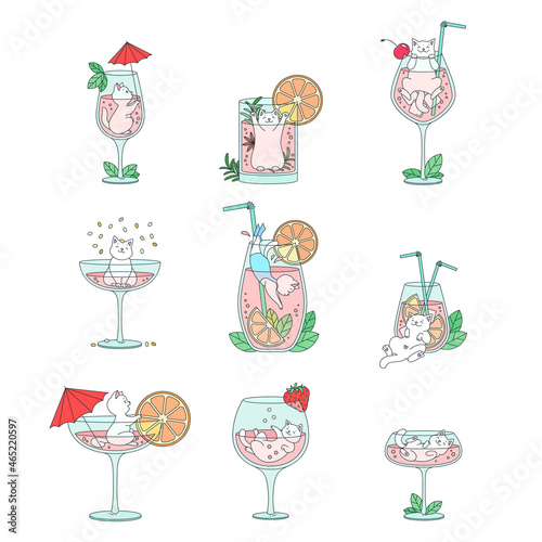 Collection of cute kitties with cocktails. Funny cats playing in cocktail glasses decorated with ice cubes, mint leaves, cocktail tube, cherry  and umbrella. Vector illustration 10 EPS.